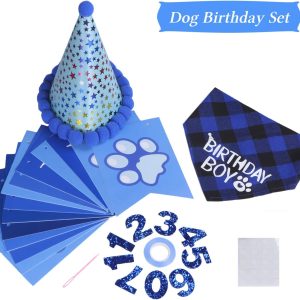 Dog Birthday Party Set, Dog Birthday Bandana Triangle Scarf with Cute Dog Birthday Number Hat Dog Birthday Banner for Dog Birthday Party Supplies