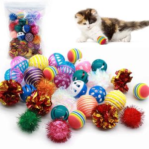 LASOCUHOO Cat Toys, Kitten Ball Toys Assortments, Variety Ball Toy Set, 8 Types Including Rainbow Ball, Crinkle Ball, Sparkle Ball, Bell Balls, Sisal Ball, Linen Ball for Cats, Kitten 30 PCS