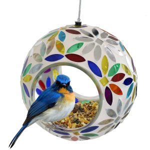 Sunnydaze Outdoor Hanging Fly-Through Bird Feeder with Rainbow Daisies Mosaic Glass Design, 6-Inch