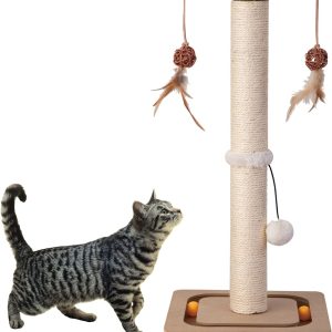 PEEKAB Cat Scratching Post Premium Sisal Scratch Posts with Tracking Interactive Toys Vertical Scratcher for Indoor Cats and Kittens- 25 inches Beige