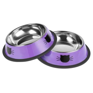 Hach 2Pcs Non-Slip Cat Bowls Unbreakable Thicken Stainless Steel Pet Bowls Suitable Small Dog Bowl Capacity with Removable Rubber Base Easily Clean Lovely Optional Color Painted Set (Purple)