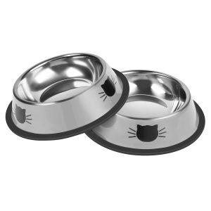 Hach 2Pcs Non-Slip Cat Bowls Unbreakable Thicken Stainless Steel Pet Bowls Suitable Small Dog Bowl Capacity with Removable Rubber Base Easily Clean Lovely Optional Color Painted Set (Silver)