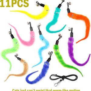 Cat Feather Toys Attachment Replacements, 10PCS Squiggly Worm Toy Refills and 1PC Replacement Black String for Cat Wand Toy and Cat Chaser Toy, Assorted Teaser Refills with Bell for Indoor Cats Kitten