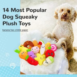 MEEKEEWAY 14 Pack Dog Squeaky Toys Cute Stuffed Plush Fruits Snacks and Vegetables Dog Toys for Puppy Small Dogs