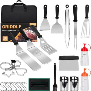 Tksrn Blackstone Griddle Accessories Kit, 30 Pcs Flat Top Grill Tools Set for Blackstone and Camping Cooking Chef, BBQ Grill Accessories with Metal Burger Spatulas Scraper, Egg Rings, Carry Bag