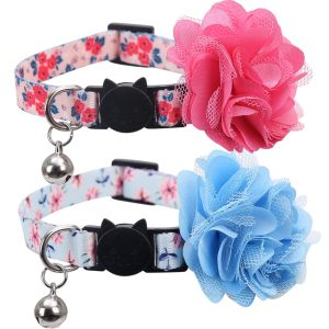 Lamphyface 2 Pack Cat Collar Floral with Bell and Removable Flower Breakaway Adjustable for Cats Kitten