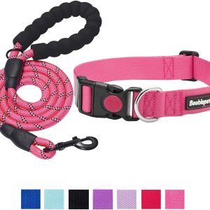 beebiepet Classic Nylon Dog Collar with Quick Release Buckle Adjustable Dog Collars for Small Medium Large Dogs with a Free 5 ft Matching Dog Leash (L Neck 17″-26″, Pink)