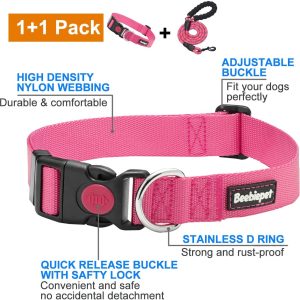 beebiepet Classic Nylon Dog Collar with Quick Release Buckle Adjustable Dog Collars for Small Medium Large Dogs with a Free 5 ft Matching Dog Leash (L Neck 17″-26″, Pink)