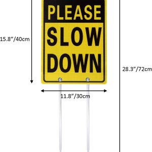 Kichwit Double Sided Please Slow Down Sign Reflective Aluminum Metal Sign with Stakes, Sign Measures 11.8″ x 15.8″, 14″ Long Metal Stakes Included
