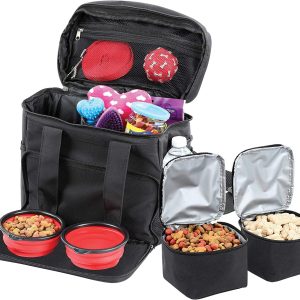 Bundaloo Dog Travel Bag Accessories Supplies Organizer 5-Piece Set with Shoulder Strap | 2 Lined Pet Food Containers 2 Collapsible Feeding Bowls. Everyday Dogs Essentials