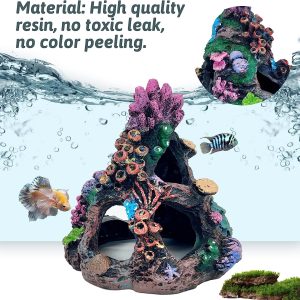 PINVNBY Coral Aquarium Decoration Fish Tank Resin Rock Mountain Cave Ornaments Betta Fish House for Betta Sleep Rest Hide Play Breed