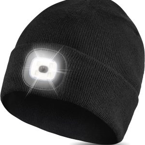 Unisex Warm Winter Bright Knit 4 LED Beanie Hat with Light, USB Rechargeable Lighted Headlamp Torch Cap，Winter Running Gear, Gifts for Men Dad Him and Women-Black