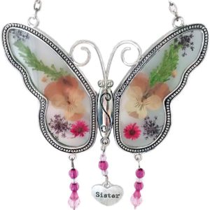 Circle Circle Sister Butterfly Suncatcher with Real Pressed Flower in Glass and Silver Metal Wings – Sister Butterfly Gifts