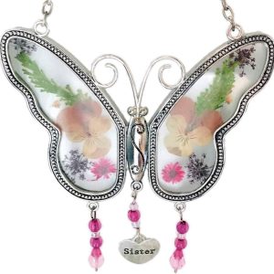 Circle Circle Sister Butterfly Suncatcher with Real Pressed Flower in Glass and Silver Metal Wings – Sister Butterfly Gifts